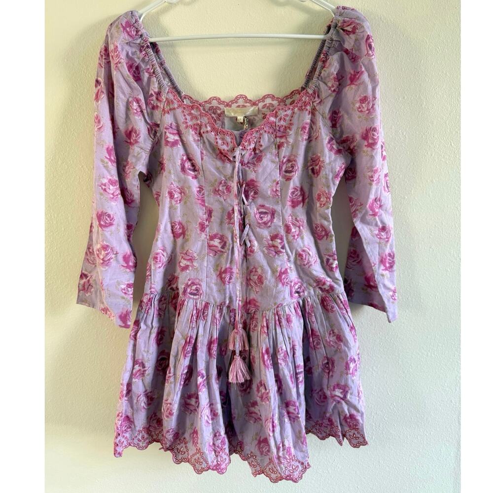 LoveShackFancy Deeba 8 Mini Dress Pink Lilac Fusion Pink Purple Lace Up - Picture 6 of 15